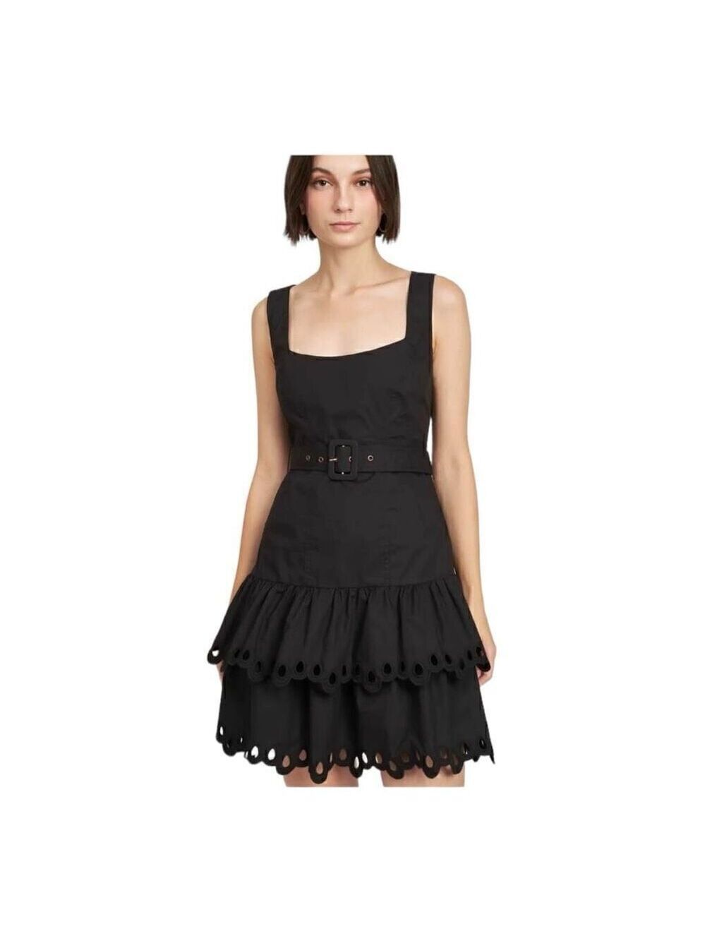 En Saison Black Crista Tiered Eyelet Mini Dress with Belt Size Large